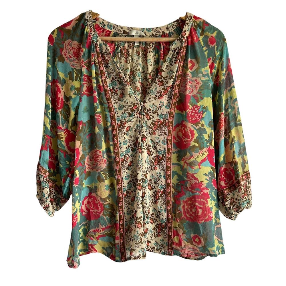 Joie Women’s Size Small‎ 100% Silk Boho Rose Floral V Neck Tunic Blouse